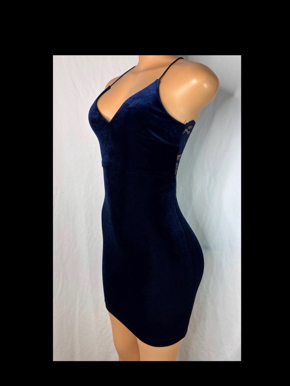Navy Velvet Slip Dress with Lace Back